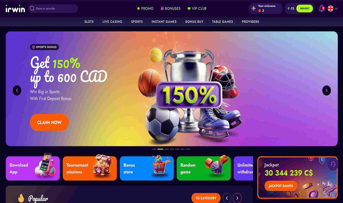 Irwin Casino main page
