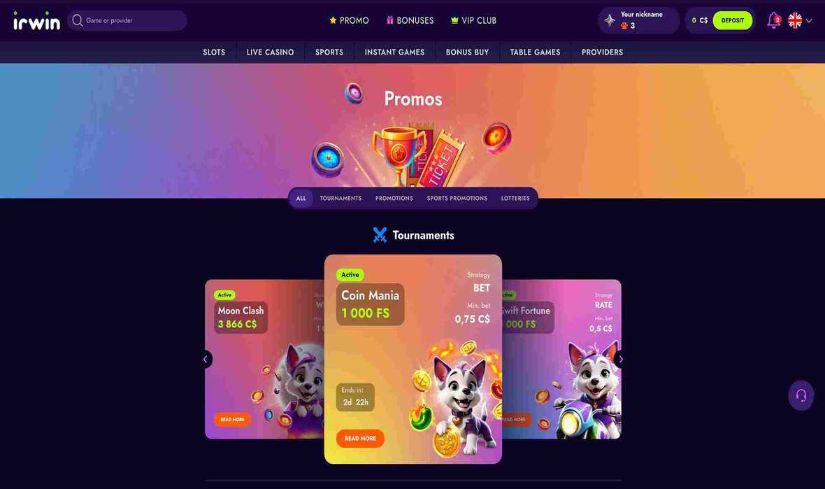 Irwin Casino promotions page