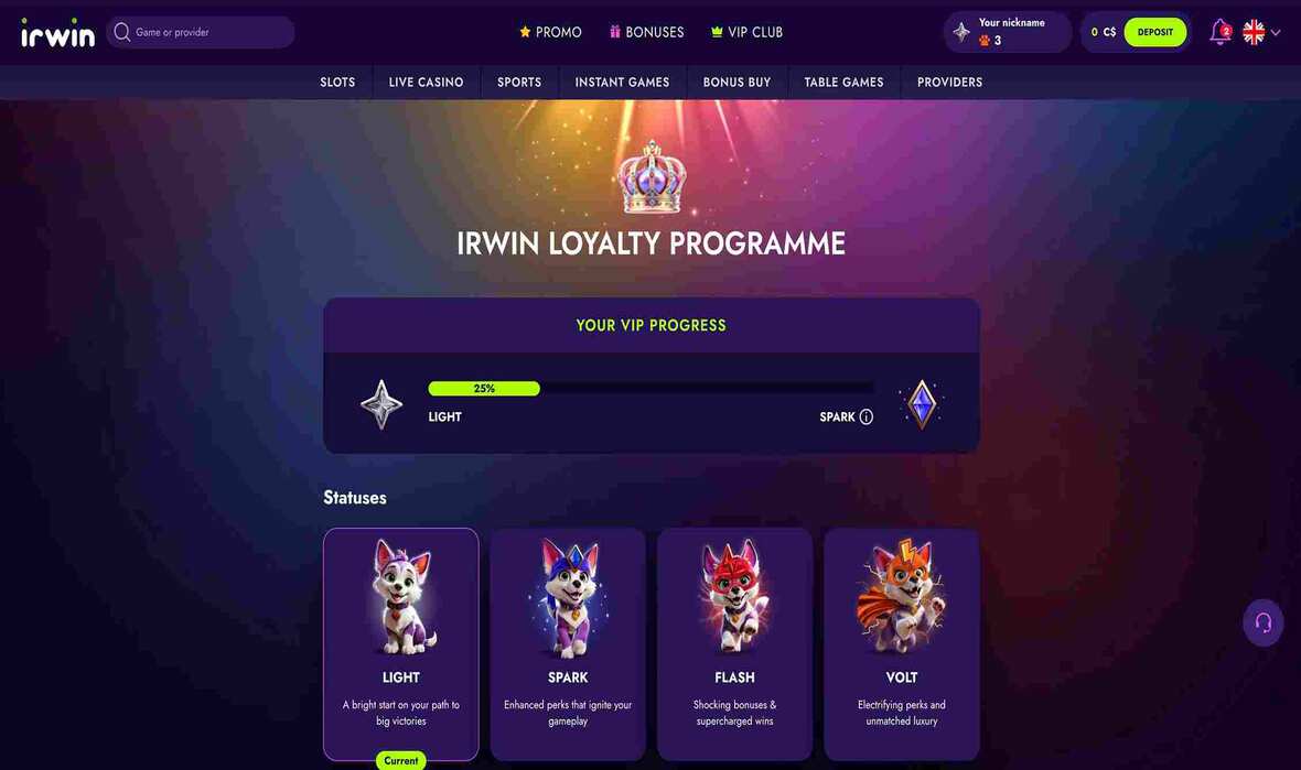 Irwin Casino game selection page