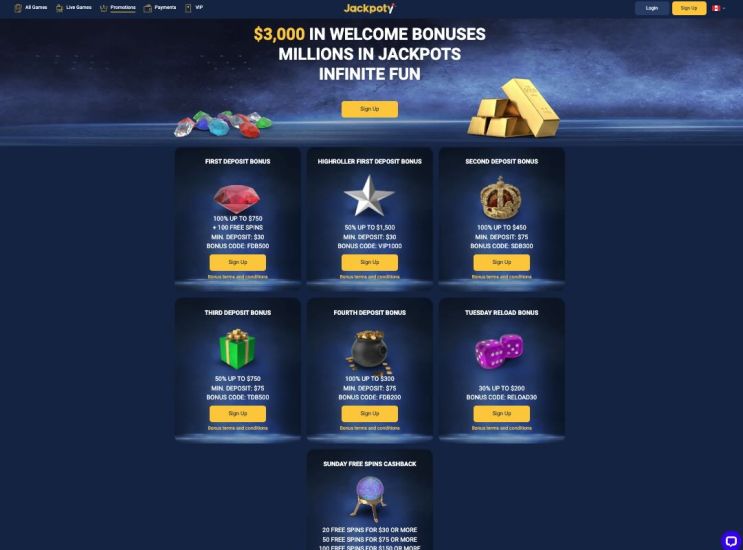 Bonuses page at Jackpoty Casino site