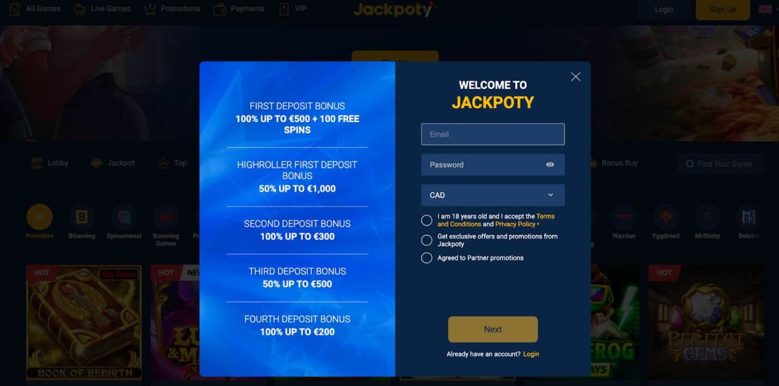 Jackpoty - registration process step 2
