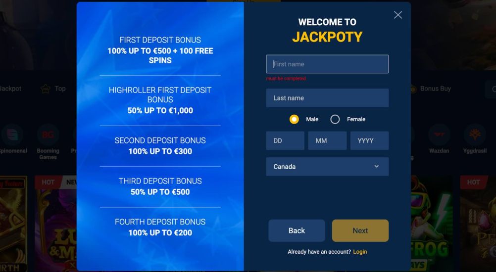 Jackpoty - registration process step 3