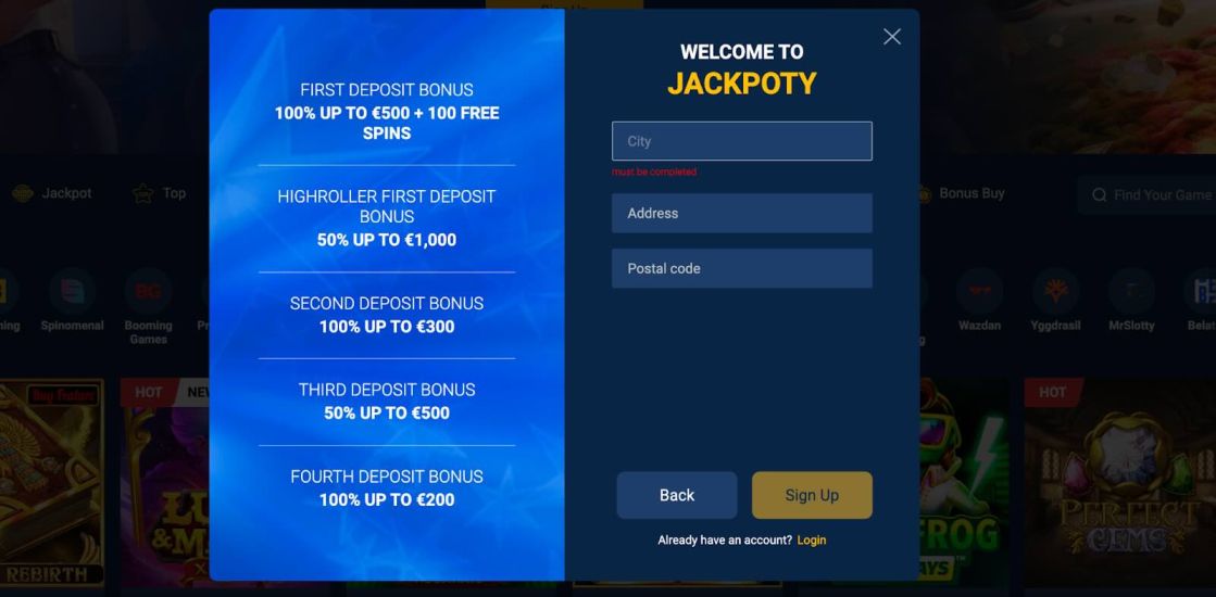 Jackpoty - registration process step 4