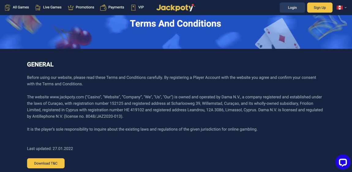 terms and conditions at jackpoty casino