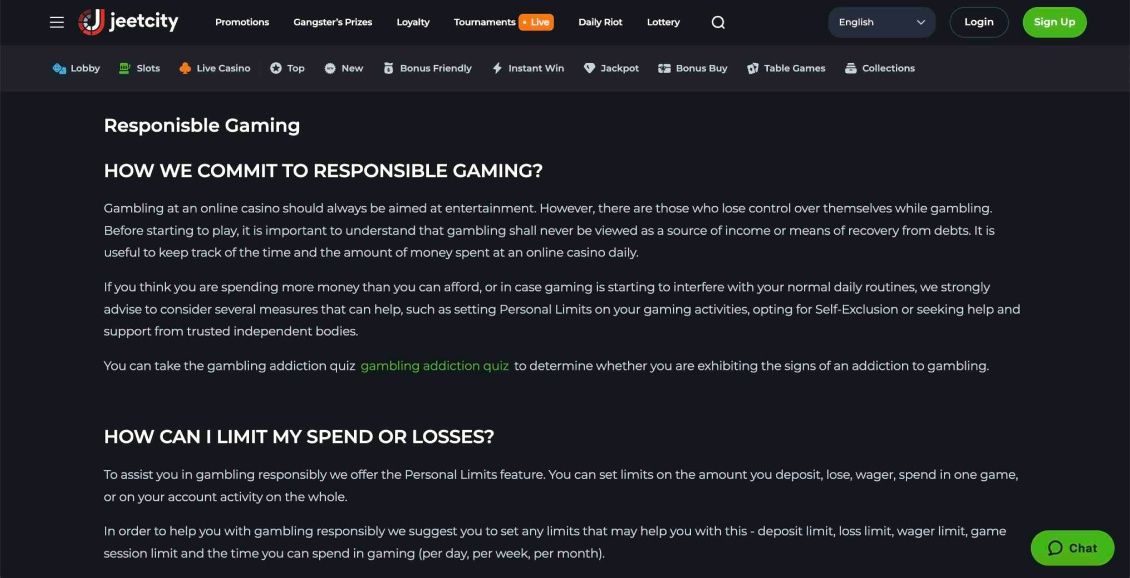 Image of JeetCity Casino page about responsible gaming