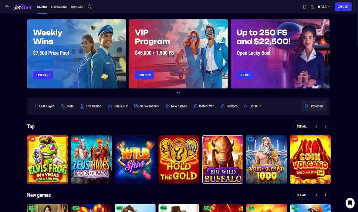 Jet4Bet casino main page