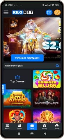 Capture d'écran de la page principale de Kilobet Casino sur mobile