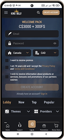 King Billy main page on mobile