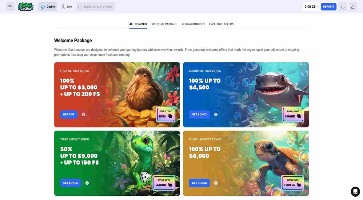 Page des promotions du casino Koru