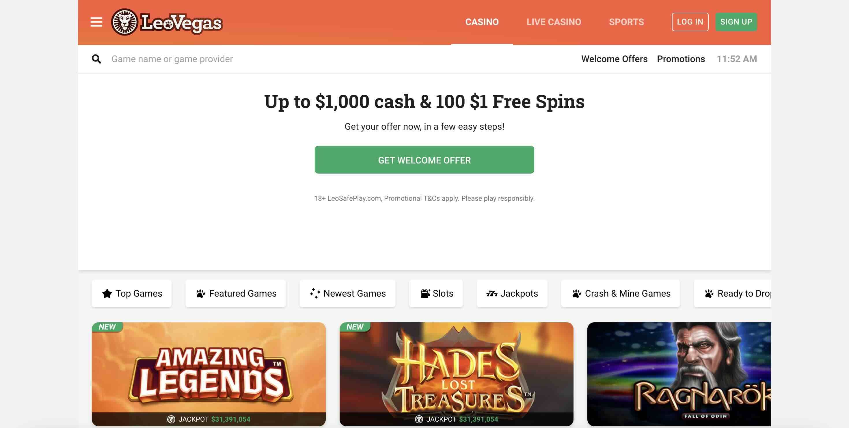 Image of main page of LeoVegas Casino