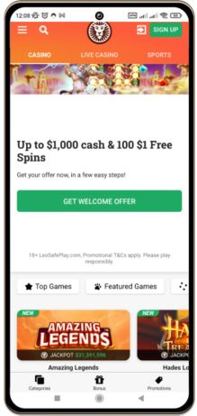 Mobile screenshot of the LeoVegas Casino main page