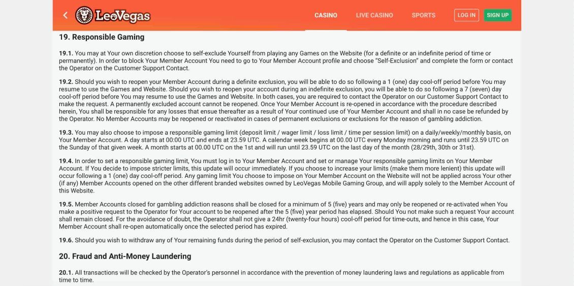 Image of LeoVegas Casino page about responsible gaming