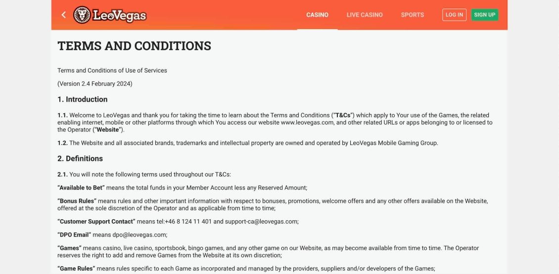 Image of LeoVegas Casino Terms and Conditions page