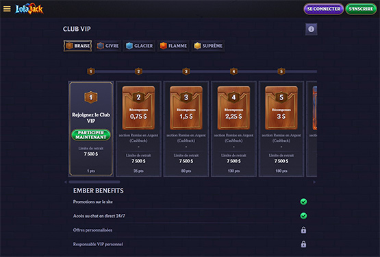 Club de VIP du casino LolaJack Casino