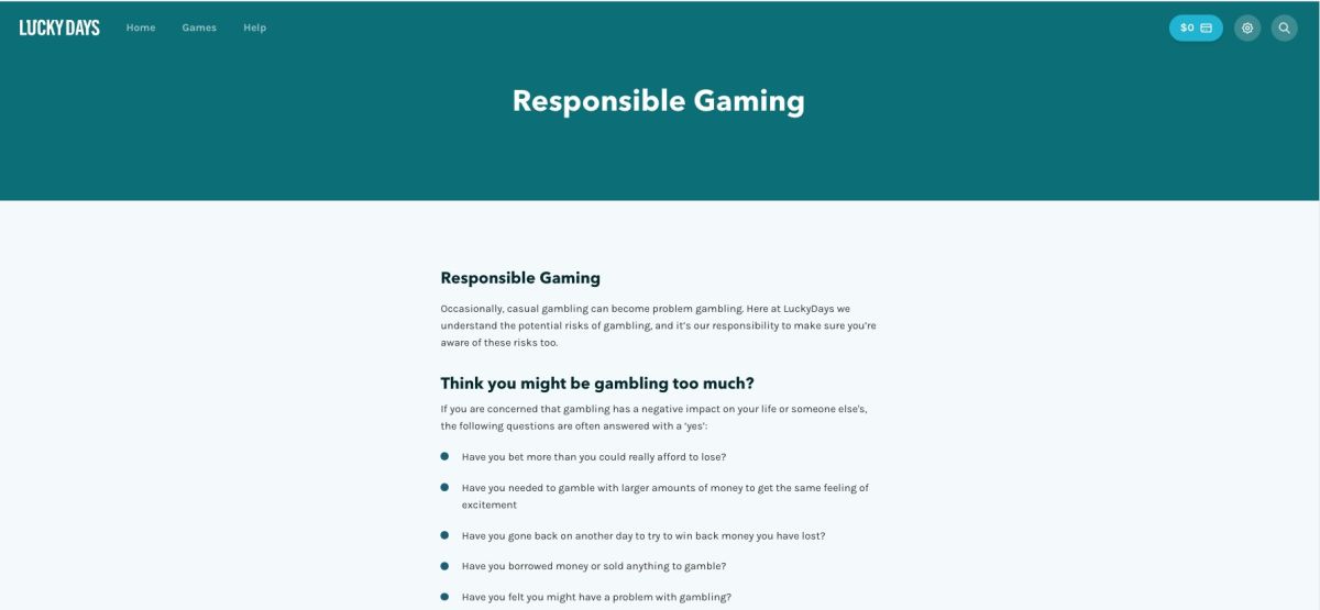 responsible gaming page at luckydays casino