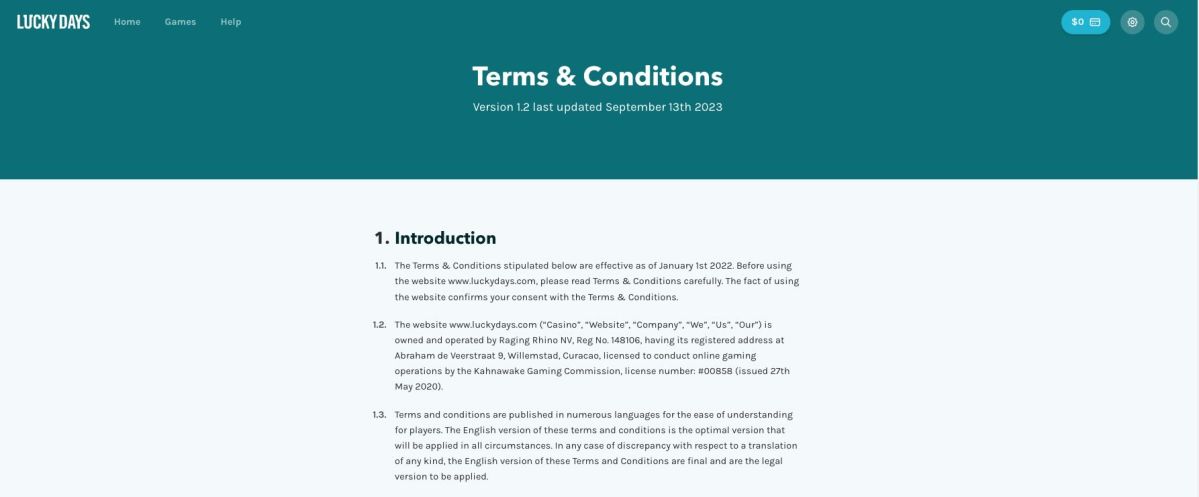 terms and conditions page at luckydays casino
