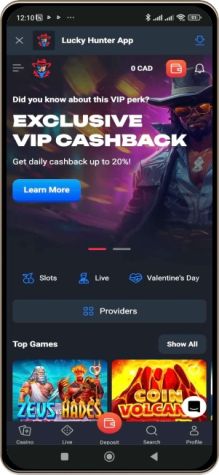 Mobile screenshot of LuckyHunter Casino main page