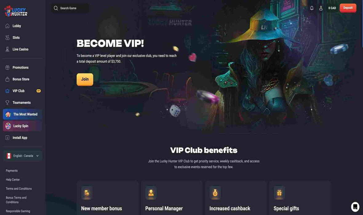 LuckyHunter casino vip page