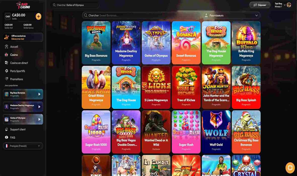 Page de sélection des jeux Madcasino