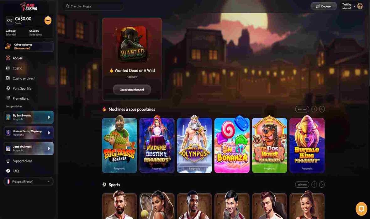 Page principale du casino Madcasino