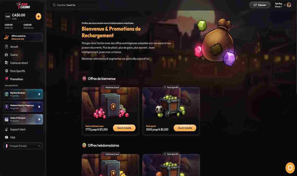 Page des promotions du casino Madcasino