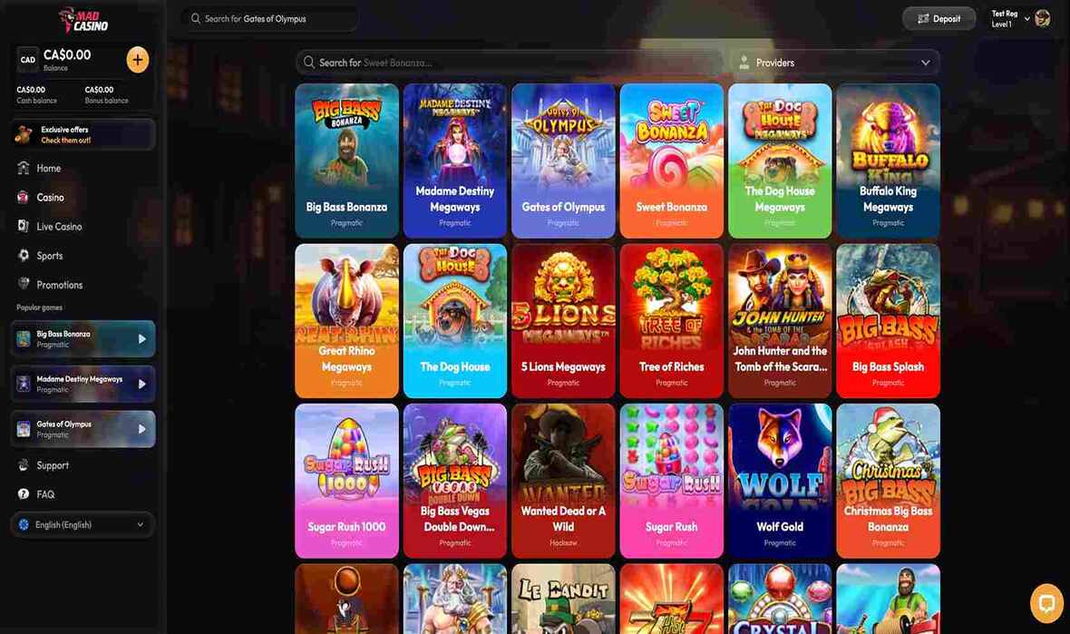 Madcasino game selection page