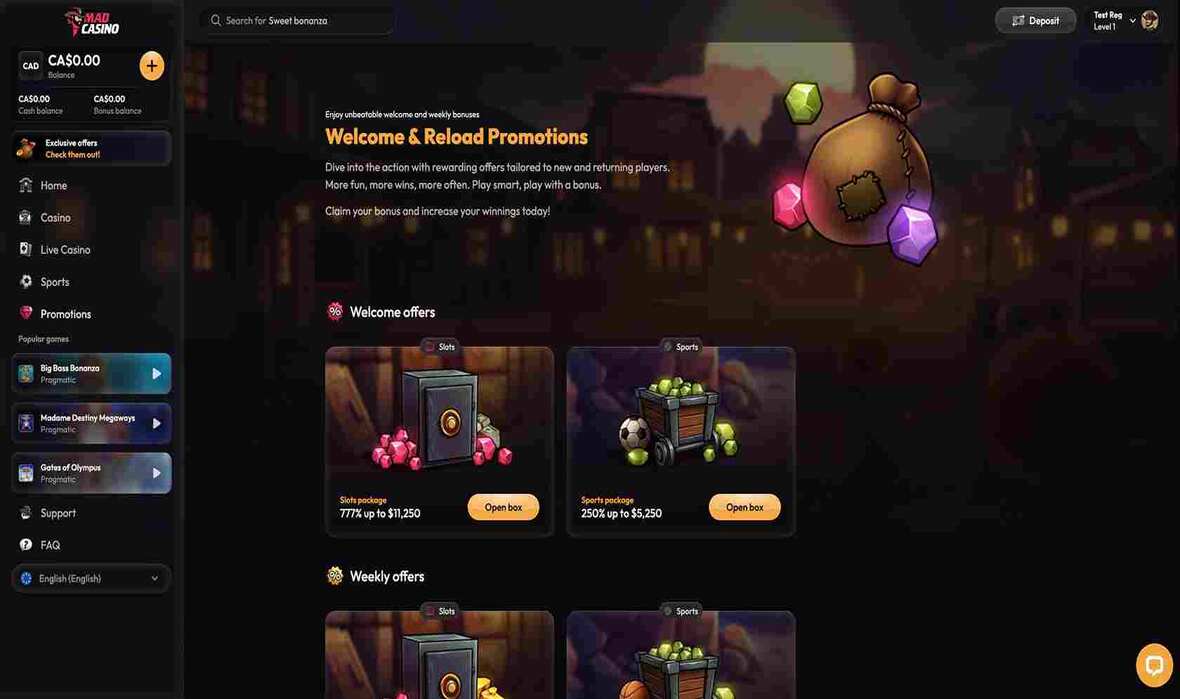 Madcasino promotions page