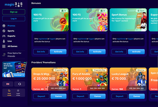 Magic365 Casino Bonuses Page