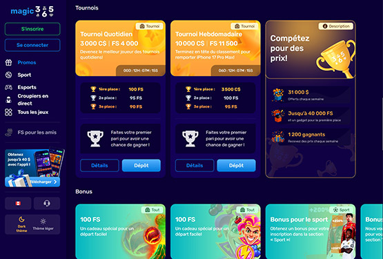 Page des tournois du Casino Magic365