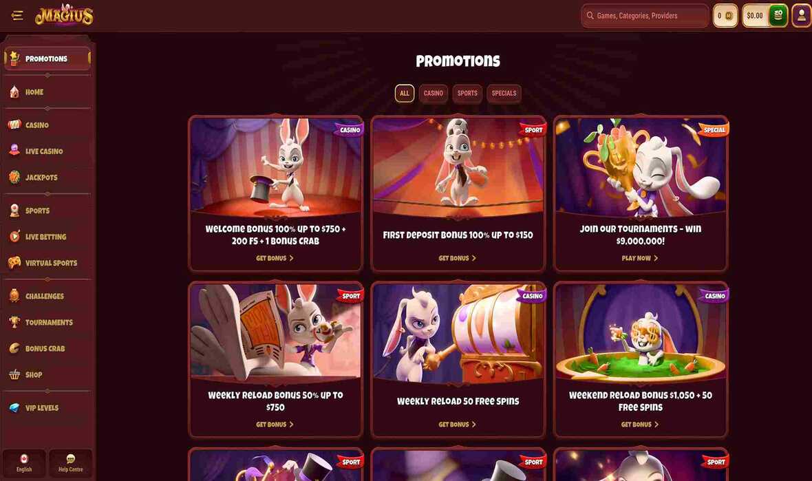 Magius Casino promotions page