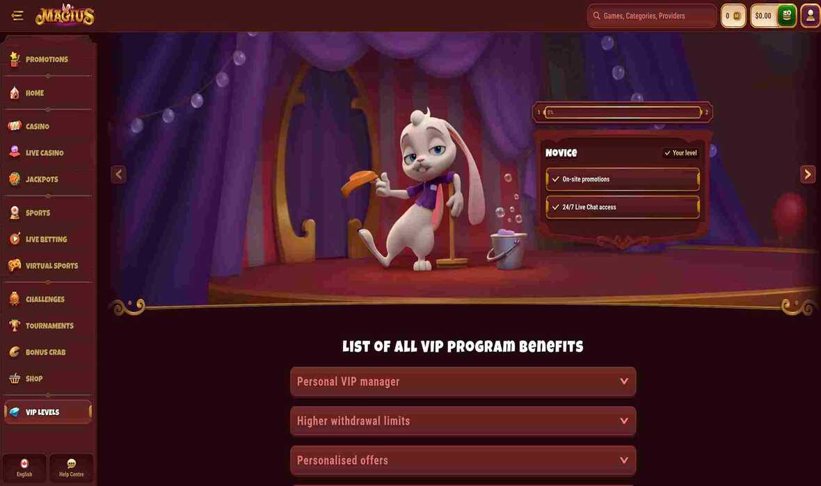 Magius Casino vip page