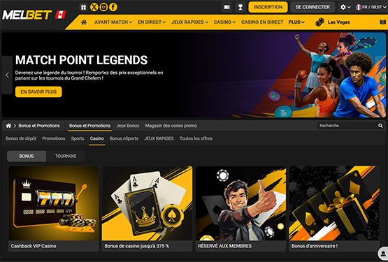 Page des promotions du casino Melbet