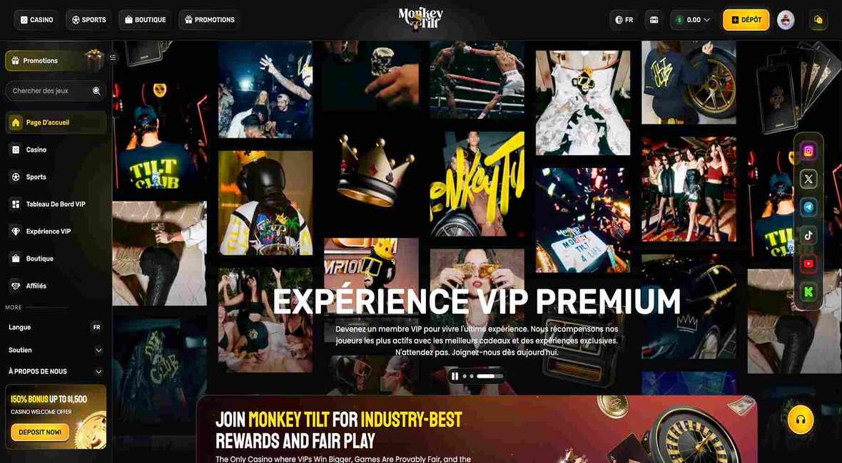 Page principale du casino Monkey Tilt