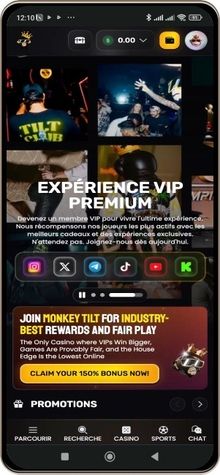 Capture d'écran de la page principale de Monkey Tilt Casino sur mobile