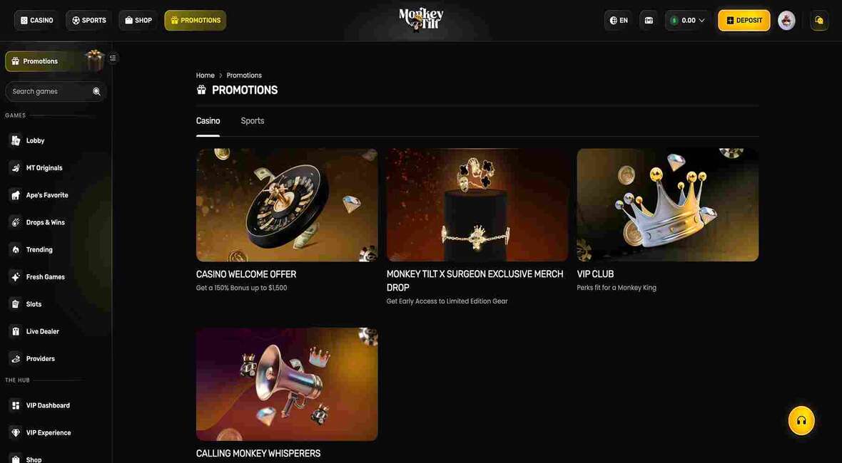 Monkey Tilt casino promotions page