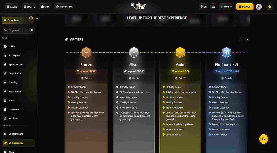 Monkey Tilt casino vip page