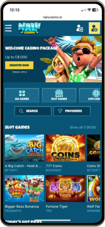 Mobile screenshot of the Nalu Casino main page