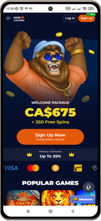 Mobile screenshot of the Nine Casino main page