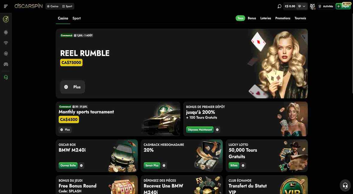 Page des promotions du casino Oscarspin