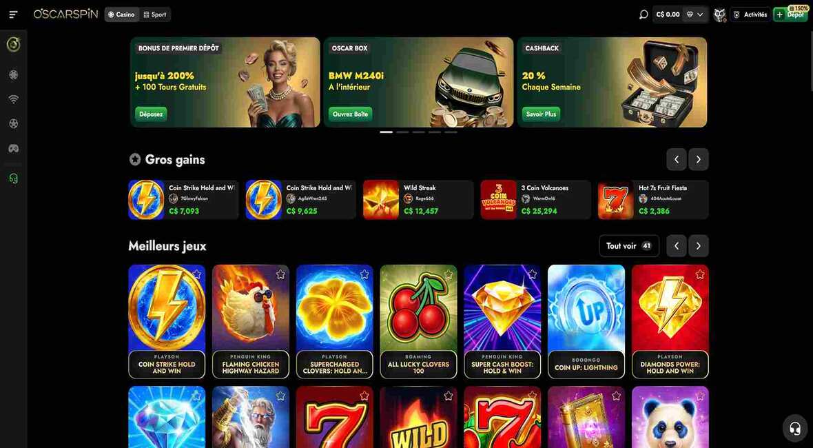 Page principale du casino Oscarspin