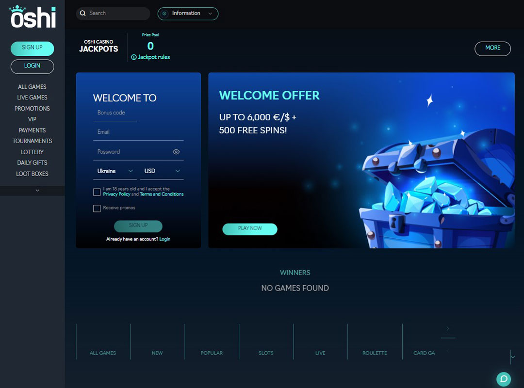 Oshi Casino - main page