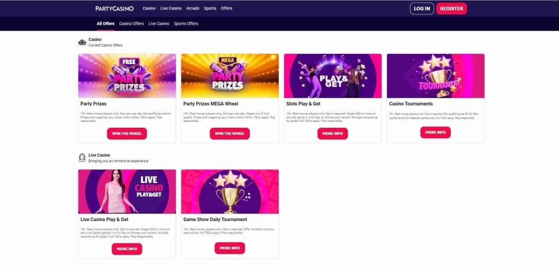 bonuses and promotions page at party casino