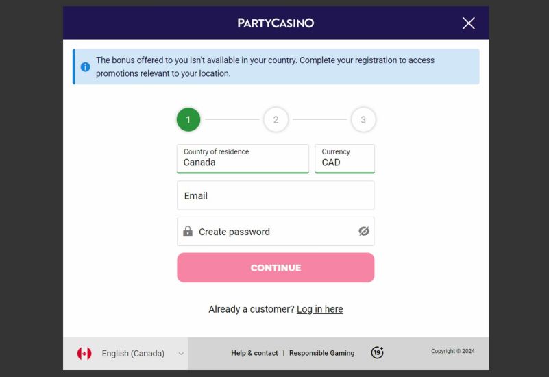 party casino registration process step 2