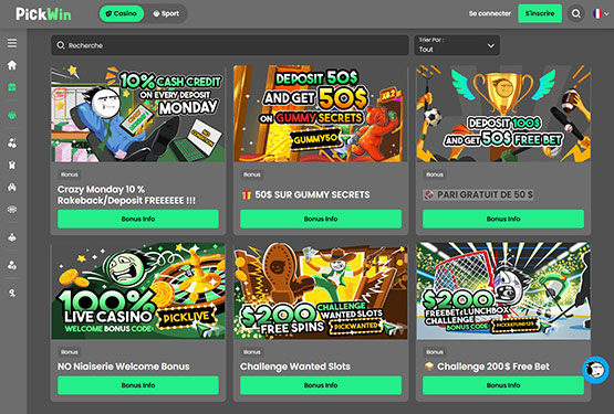 Page des promotions du casino PickWin