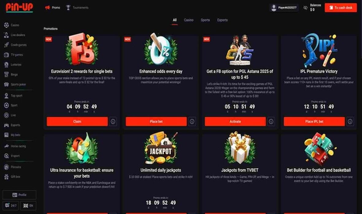 Pin-Up casino promotions page
