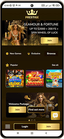 Mobile screenshot of the Prestige Casino main page