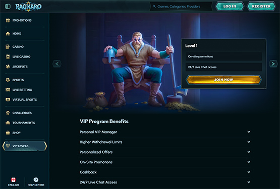 Ragnaro casino vip page