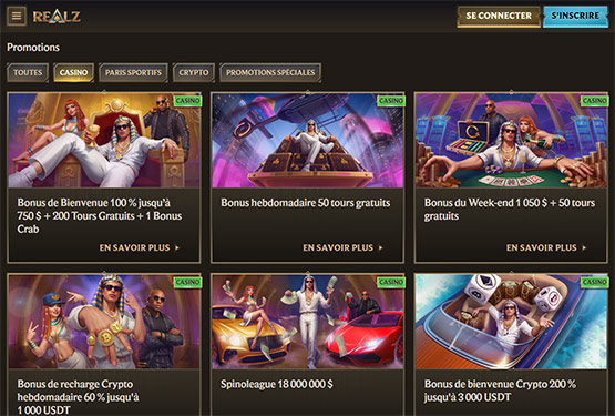 Page des promotions du casino Realz