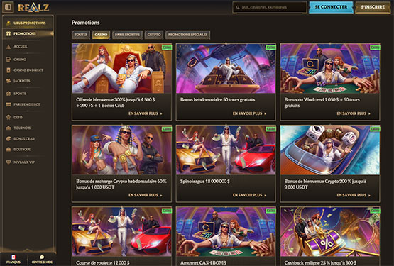 Page des promotions du casino Realz