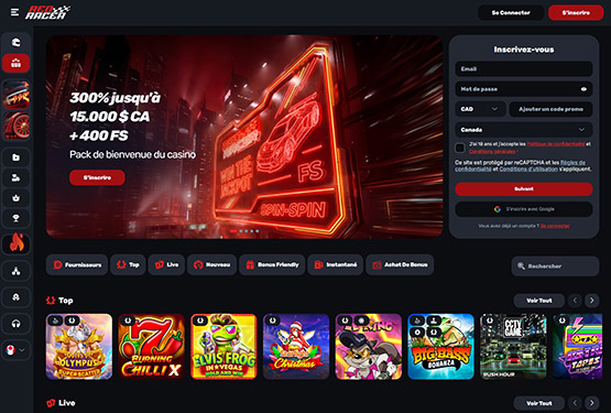 Page principale du casino RedRacer